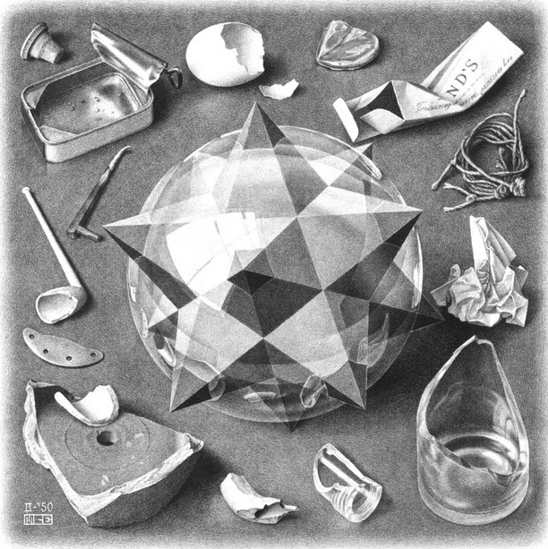 "Contrast (Order and Chaos)" M.C.Escher 1950  No color on this one - just the use of light and shade in monochrome to depict the variety of forms.