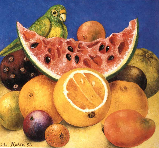 "Still life with Parrot" 1951 Frida Kahlo. The objects overlapping each other help to give a 3-dimensional effect to the group.