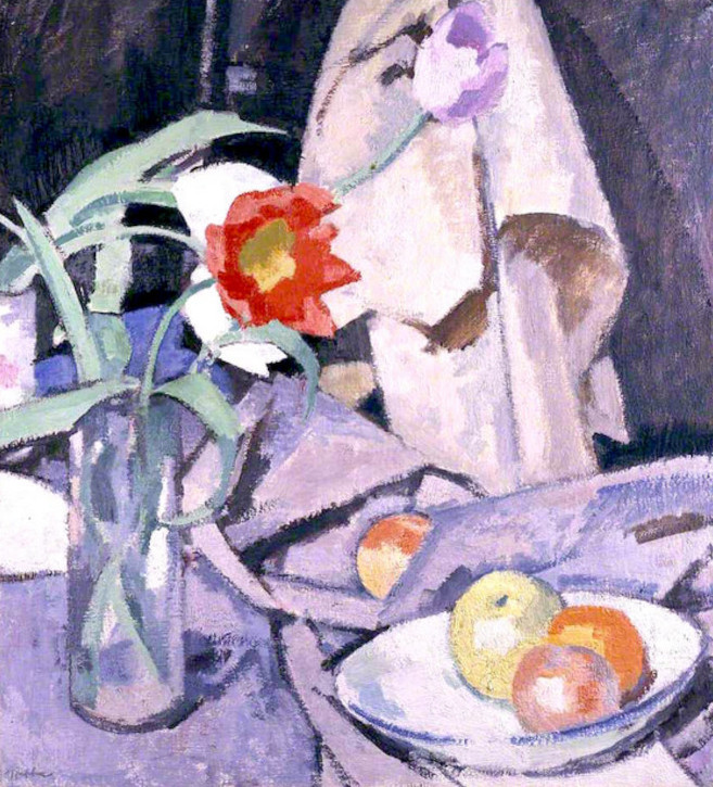 "Tulips" by Scottish Colourist Samuel Peploe  20th C. A good example of how a hot color advances!