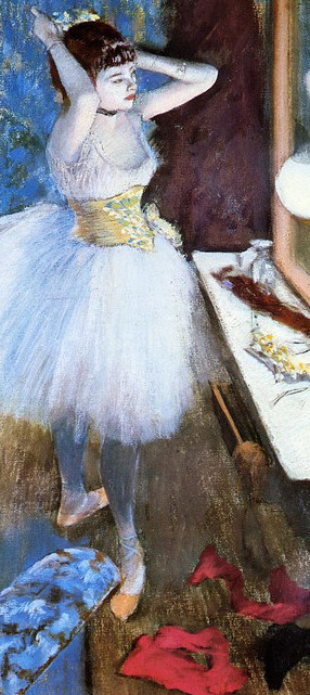 "Dancer in her Dressing Room" by Edgar Degas, showing his use of the texture element of art.