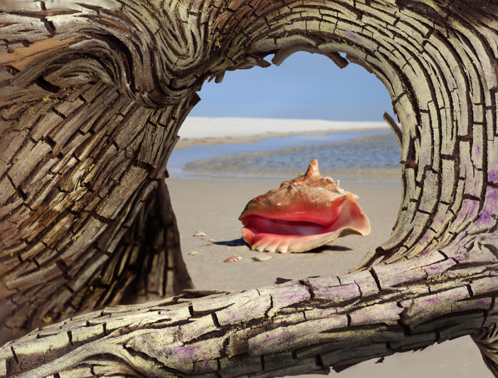 Sea-shell seen through driftwood could make an unusual image.